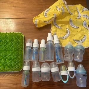 Baby bottles, feeder, drying rack, bibs
